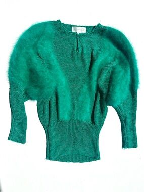 Vtg 80-s Sideffects Angora Rabbit Hair & Metallic Emerald Green Fuzzy Sweater, M